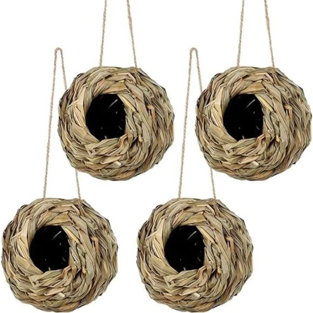 4 Pack Hanging Hummingbird Nest House for Outside, Ball Shape, Hand Woven